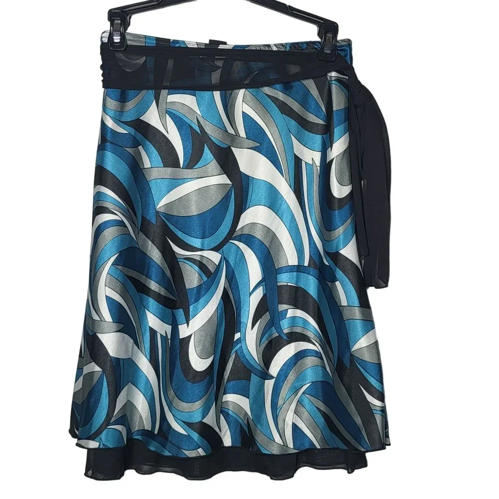 Wrapper Womens Abstract Print‎ Lace Silky Midi Skirt Medium y2k Bow Retro 70s